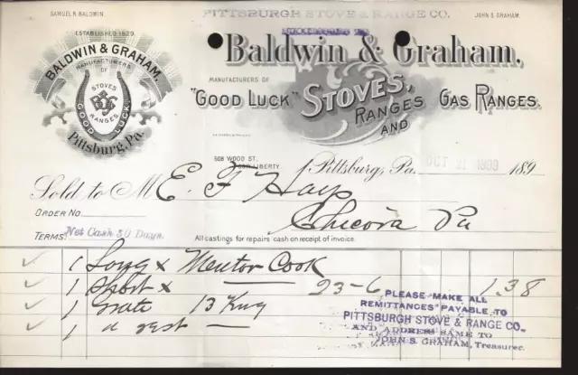 1899 Baldwin & Graham Stoves Pittsburgh Pa Receipt Antique Ephemera