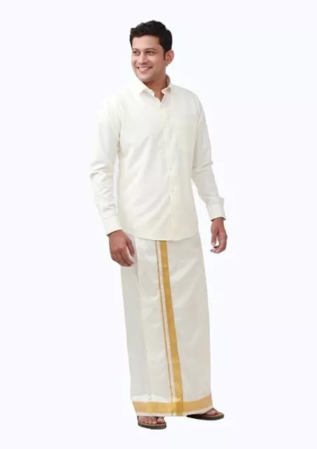 Mens Cotton Dhoti With Golden Zari And White Color 100% Cotton 3