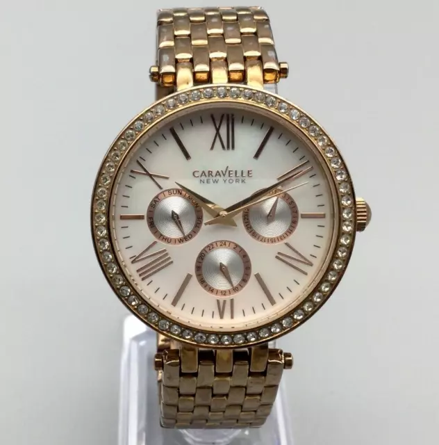 Caravelle Bulova Watch Women 38mm Pave Rose Gold Tone MOP Dial New Battery 7.25"