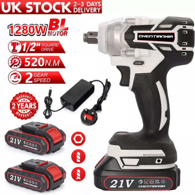 1000Nm 21V Cordless Electric Impact Wrench Drill Gun Ratchet Driver w/ 2 Battery