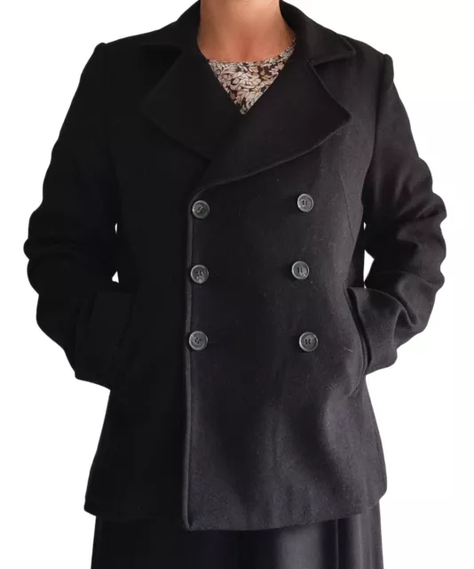 DAVID LAWRENCE Size 14 W20 Black Wool Double Breasted Pea Coat