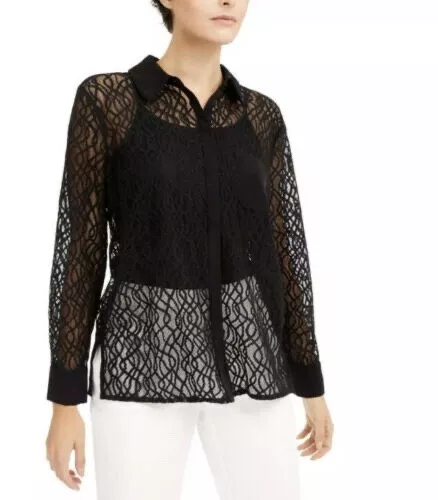 ALFANI WOMENS LACE Collared Top Blouse Shirt PET/MED DEEP BLACK,PM $20. ...