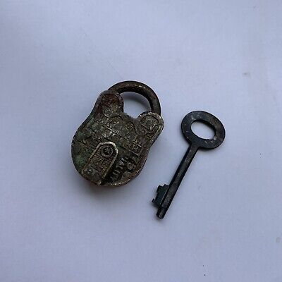 Brass Miniature Padlock Or Lock With Key, Old Or Antique, Rare Shape.