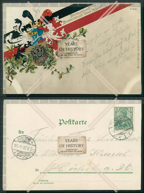 AK 1. WK Deutschland über alles patriotische Karte Wappen 1900 gelaufen