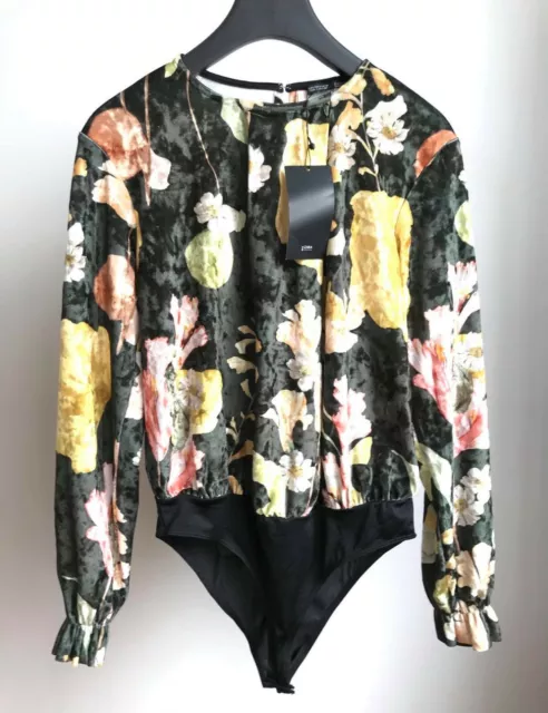 Zara floral print long sleeve bodysuit Size Small S Black/fucsia/green NWT