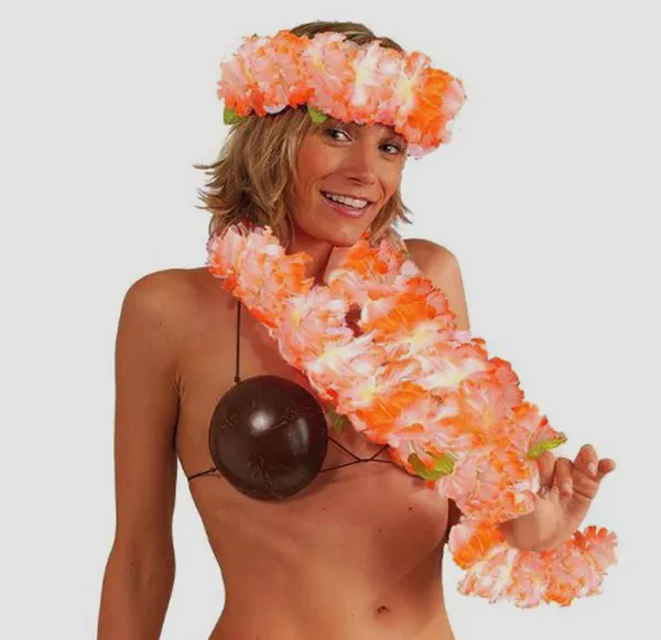 Set hawaïen luxe grosses fleurs orange fluo 2 bracelets  soirée costumée hawaï