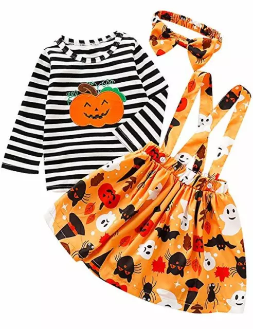 Gonna con sospensione superiore a righe zucca Halloween bambina maniche lunghe zucca set