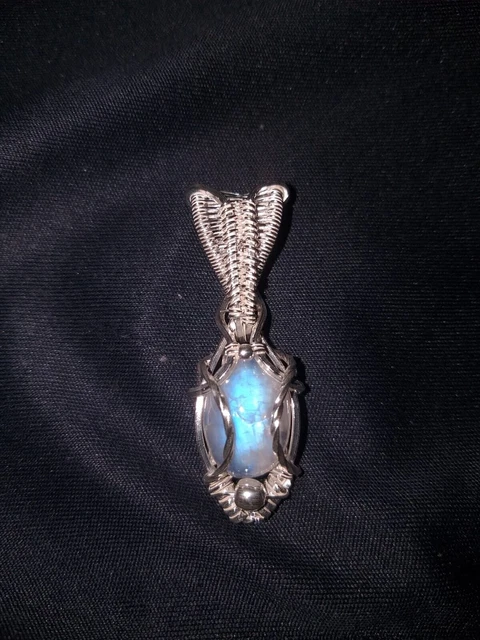 Rainbow Moonstone Pendant Silver Plated Copper Wire Wrap Blue Flashy Jewelry 48