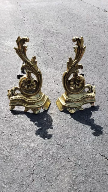 Pair Antique French Louis XV Rococo Style Gold Gilt Andirons Fire Dogs