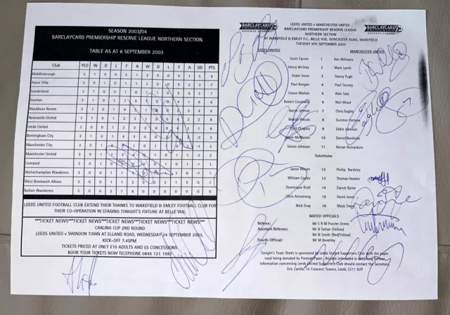 Multi Signed Reserve Team Sheet 2003 Autograph Manchester United Man Utd V Leeds