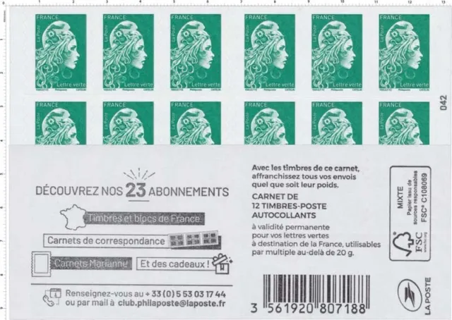 CARNET DE 12 timbres autocollants LETTRE VERTE La Poste 20g