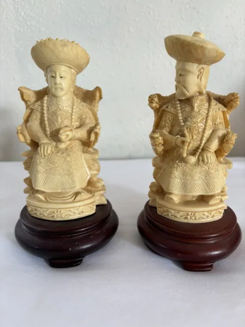 Vintage Chinese Emperor and Empress Hand-Carved  Resin Figures & Base 6”