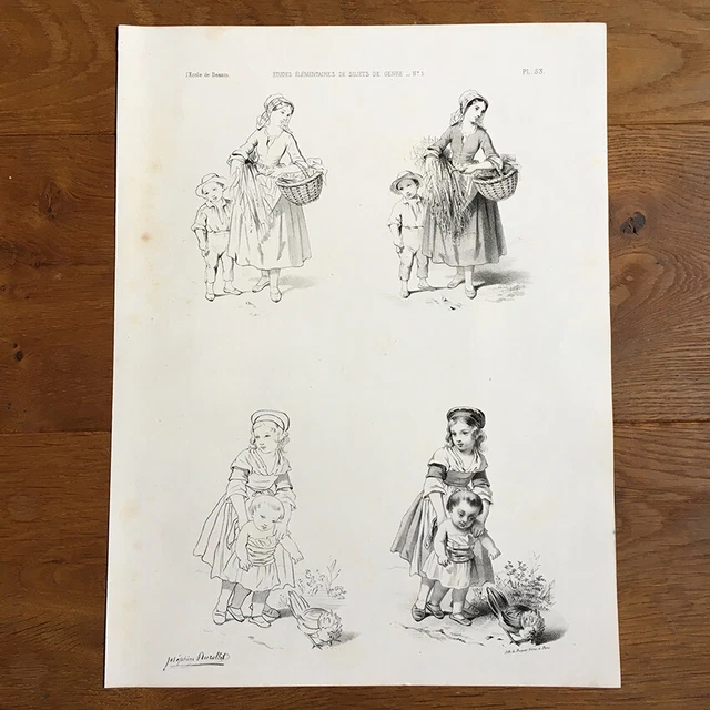 Gravure Ancienne XIXè Etude de Sujet de Genre Ducollet French Engraving 19thC