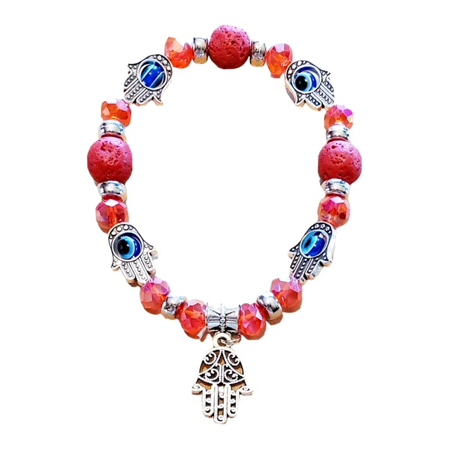 Evil Eye Beaded Charm Bracelet Red Lava Stone Hamsa Charms Blessing