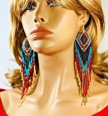 Handmade Beaded Artisan Native Style Multi-Color Extra Long Hook Earrings E54/21