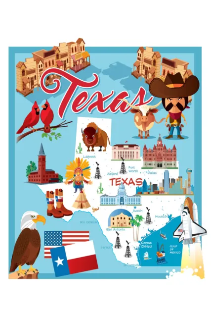 Illustrated Map of TEXAS Cool Wall Decor Art Print Poster 12x18