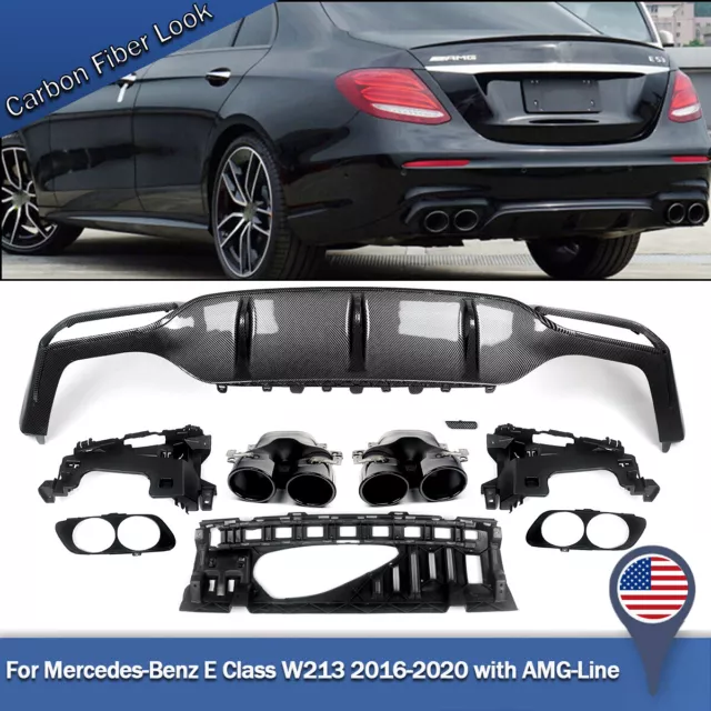 Rear Bumper Diffuser W/ Exhaust Tips For Mercedes Benz W213 E300 E53 AMG 16-2020