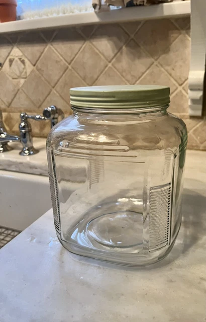 Vintage Cabinet Hoosier Glass Green Lid Ribbed Jar Canister 2