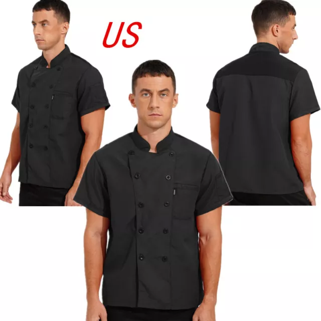 US Mens Chef Jacket Solid Short Sleeve Shirt Chef Coat Restaurant Cook Workwear