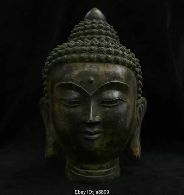 Old Chinese Tibet Buddhism Bronze Shakyamuni Amitabha Buddha Head Sculpture 06