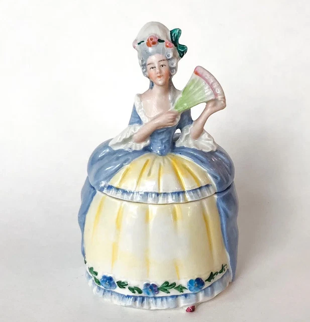 VICTORIAN LADY POWDER Box Vanity Dresser Jar Pot Figurine Porcelain Vtg