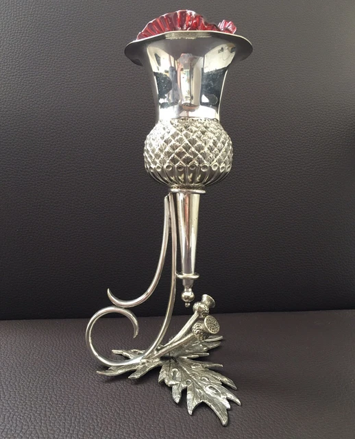 Antique Scottish Silver Plated Ruby Glass Thistle Epergne Centerpiece Vase