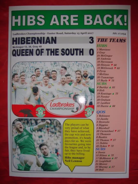 Hibernian 3 Queen of the South 0 - 2017 - Hibs champions - souvenir print