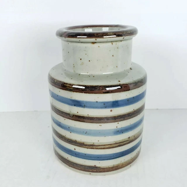 Vintage Ceramic Pottery Canister 6.5" Jar Blue Brown Stripe Speckled Stoneware