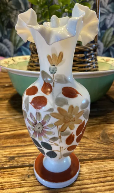 Antique Opaline/Milk Glass/Hand Blown & Painted/Fluted Top Glass Vase