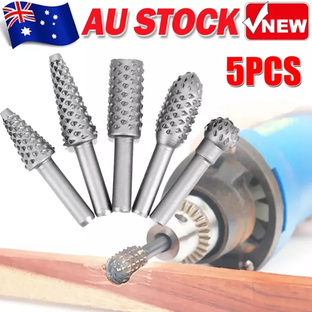 Woodworking Steel Shank Rotary Rasp Burr Set Drill Bit Wood Carving File 5 pcs