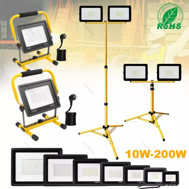 LED Fluter Flutlicht 50/100/200W Scheinwerfer Baustrahler mit Stativ Strahler