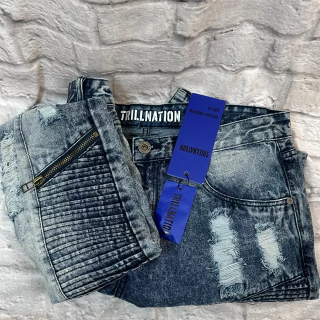 Trillnation Stone Washed Moto Distressed Jeans Größe 36 Nwt 7 Tasche Gerade Bein