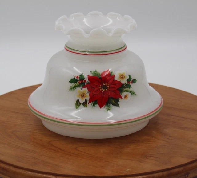 Vtg Hurricane Oil Lamp Shade GWTW 6” Fitter Milk Glass Red Poinsetta Ruffled