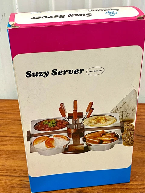 Mid Century Vintage Wood Chrome Suzy Server Cocktail Snack New Old Stock