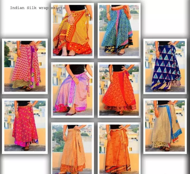 Indian Vintage Silk Sari Recycled Wrap Around Skirt Reversibile Donna 30...