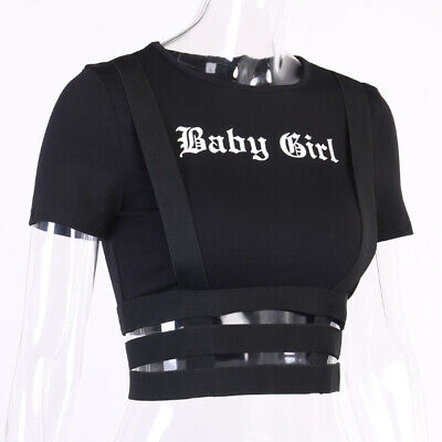 Gothic Punk SLIM Lettera Stampa T-shirt sexy Hollow base Crop Tops Pullover Ragazze
