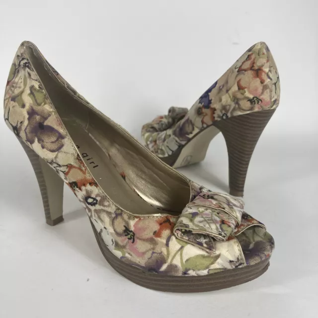 Madden Girl Women's Kiarra Bow Accent Floral Heels Pumps Peep Toe Shoes Size 8