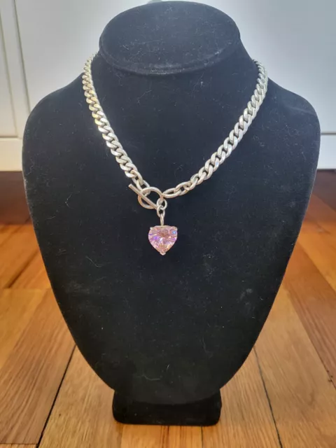 Romantic Sterling Silver Semi Precious Gemstone Pink Heart Necklace 15"