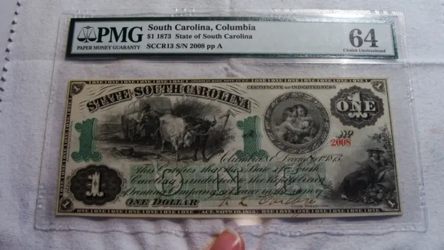 1873 $1.00 State Of South Carolina Note PMG CH 64 cancelled