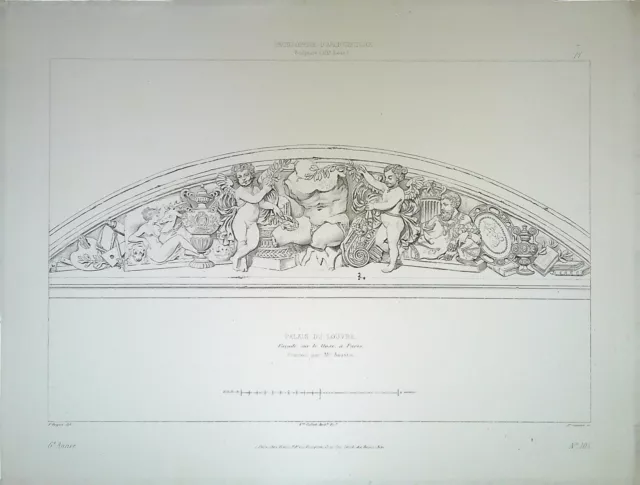 Antique Architectural Engraving - Palais du Louvre Fronton, Facade on the Docks