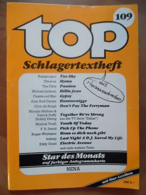 TOP SCHLAGERTEXTHEFT 109 mit Autogrammkarte NENA Hits Eddy Grant Bravo