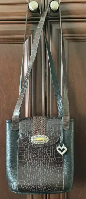 BRIGHTON Black Brown Croc Leather Bucket Shoulder Handbag Satchel Purse Embossed