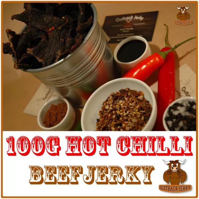 BEEF JERKY HOT CHILLI 100G Hi PROTEIN LOW CARBOHYDRATE PRESERVATIVE FREE SNACK