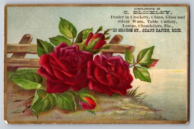 C. Blickley Grand Rapids Crockery China Glass Victorian Trade Card Red Roses