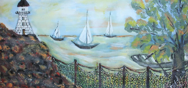Vintage modernist oil painting seascape with a lighthouse