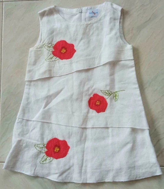 vestito abito bambina bianco lino cotone panna ricamato ricamo fiore 12 mesi