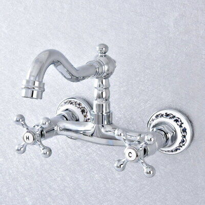 Polished Chrome Bathroom Kitchen Dual Cross Handles Sink Faucet Wall Mount