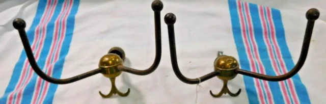 Antique ~Salvage ~ Pair Brass & Steel Double Hat/Coat Hooks 8" wide        #2575