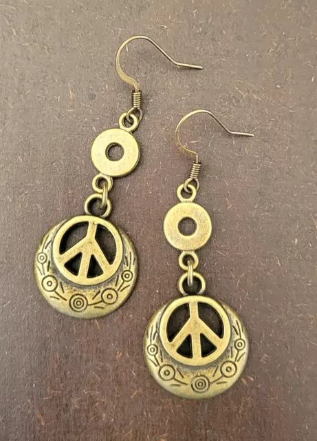 PEACE SIGN Daisy Flower Circle Earrings Bronze Plated Brass Fish Hook Ear wires