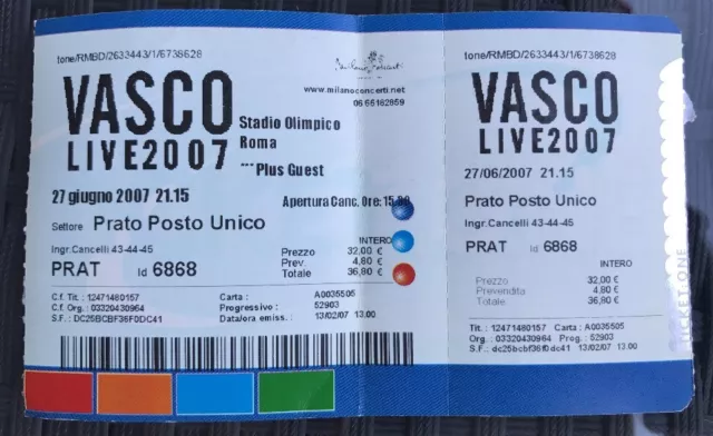 Biglietto Ticket VASCO ROSSI "LIVE 2007 TOUR" Roma Prato DA COLLEZIONE